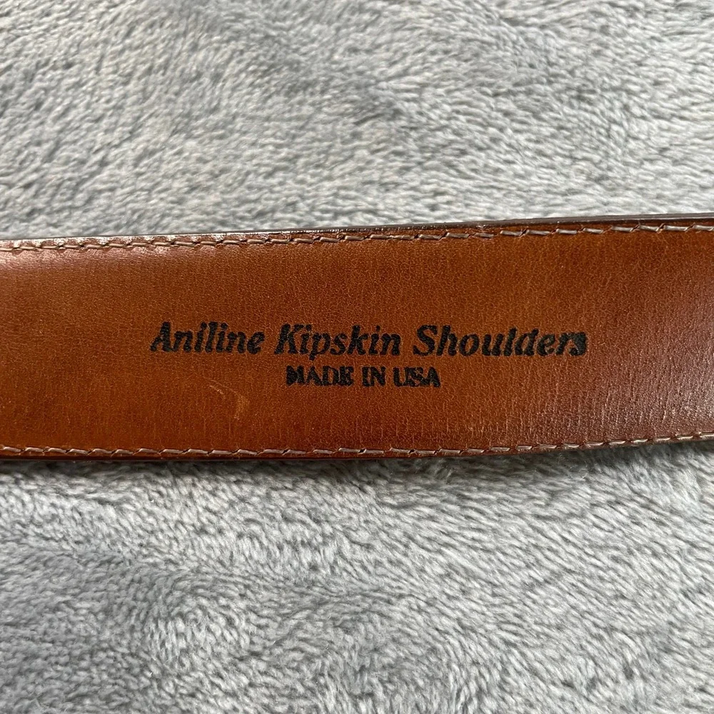 Vtg Aniline Kipskin Leather Woven Inlay Belt Solid Brass Buckle USA Mens 42